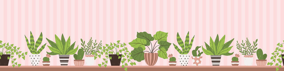 Houseplant in pot on the shelf in cartoon style. Vector seamless border with potted plant and cactus in flat design. Horizontal background with plant in pot on rack with place for text.