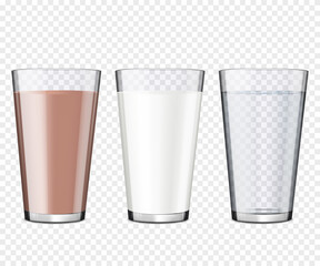 Set of transparent glasses with cocoa, milk and water, isolated.