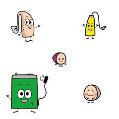 かわいい補聴器キャラクター達の笑顔のイラスト（主線あり）