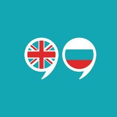 chat speech bubbles with english and russian flags isolated on blue background.