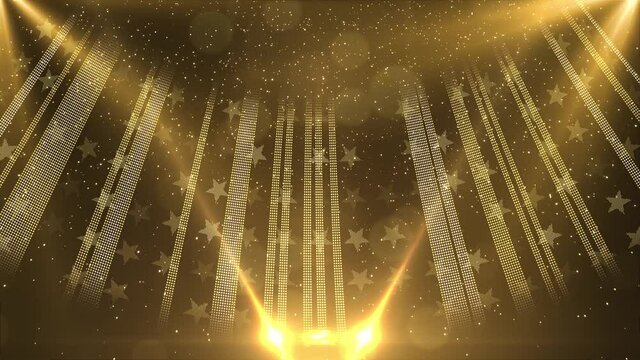 4k 3D light flickers Particle awards stage Loop background. New Year's Day Festival party lighting. Particle Golden light spot flashing award party stage Animation. party, event, ceremony.