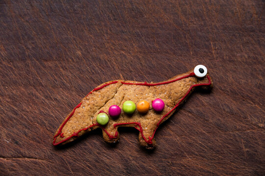 Cute decorated dinosaur gingerbread cookie
