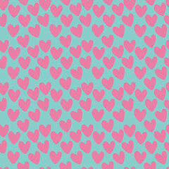 Seamless pattern with pink hearts on a blue background. Repeating hearts hand drawn. Cute romantic seamless paintings. Perfect for printing on fabric or paper.