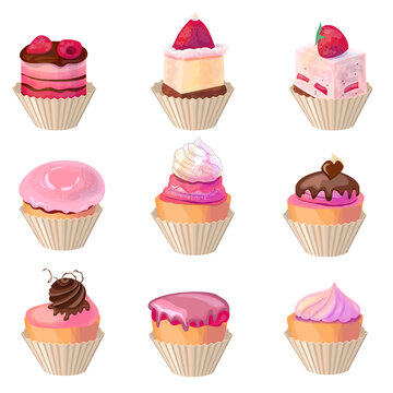 Set with different pink pastry isolated on white background. Small sweets for restaurant and cafe menu. Illustration can be used for food projects.