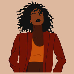 Young African American woman with black curly hair. Vector illustration.