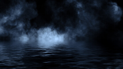 Explosion chemistry blue smoke bomb on isolated background. Freezing dry fog bombs texture overlays. Reflection in water.