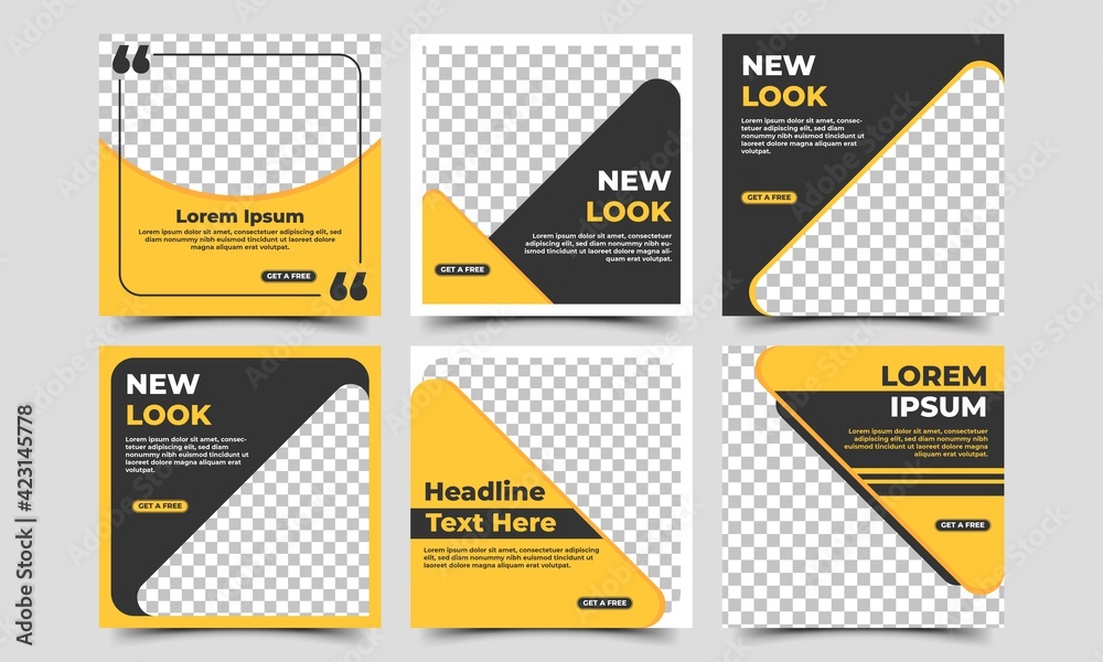 Wall mural set of social media post template design. black and yellow background color with abstract line shape