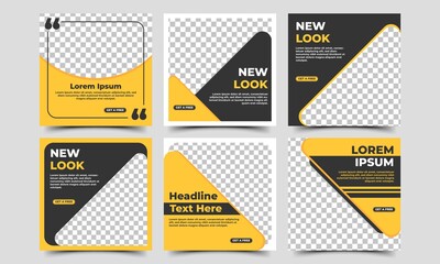 Set of Social media post template design. Black and yellow background color with abstract line shape. Vector layout with place for the photo. Suitable for social media post, card, sign, flyer, and web