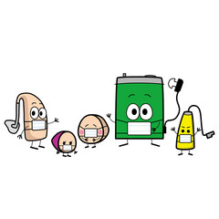 かわいい補聴器キャラクター達のマスク姿のイラスト（主線あり）