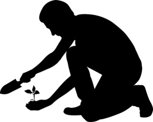silhouette of man with shovel and plant in hand - 423145961