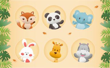 Cartoon happy birthday animals card. Greeting cards with cute safari or jungle animals party in the tropical forest. Template invitation paper art style vector illustration.