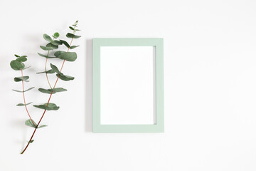 Green frame mockup and eucalyptus on white background. Flat lay, top view, copy space