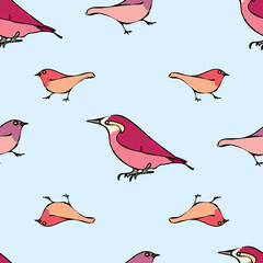 Vector blue background various red birds seamless pattern. Purple Finch, Seamless pattern background