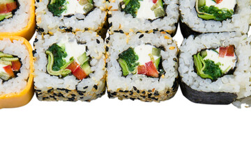 Sushi set with eel, cheese, sesame seeds, rice, nori, avocado, cucumber and seaweed, isolate on white copy space