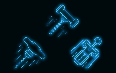 Corkscrew icons set. Outline set of corkscrew vector icons neon color on black