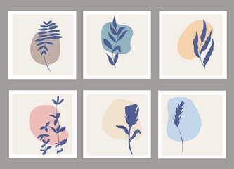 Set of templates with abstract composition of simple shapes and natural botanical elements. Collage style, minimalism. Pastel earthy colors. Vector banners for postcards and covers for social networks