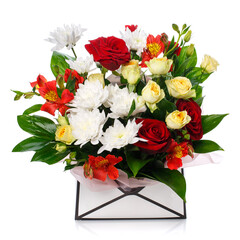 Colorful bouquet of different fresh flowers on a white background.