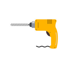 Fototapeta na wymiar Portable electric hand drill drawing with bit. Yellow power drill icon. Vector cartoon clipart on white blank background.