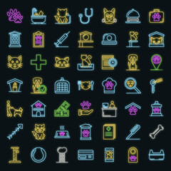 Pets hotel icons set. Outline set of pets hotel vector icons neon color on black