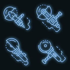 Angle grinder icons set. Outline set of angle grinder vector icons neon color on black