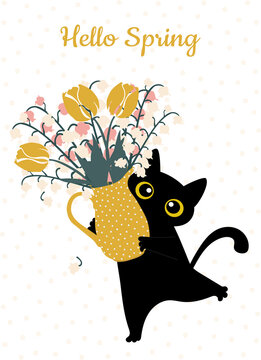 Spring card "Hello Spring". Black funny cat with a bouquet of cute lilies of the valley and tulips in a jug in trendy colors for printing on T-shirts, decorative pillows, cups. 