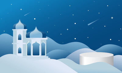 Naklejka premium Islamic blue background with empty podium for product exhibition display. Minimal vector design