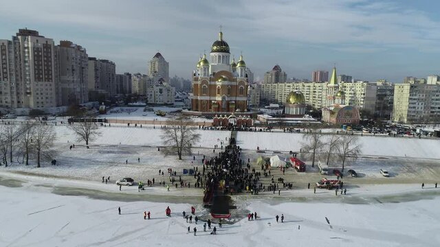 Feast of the Epiphany from a bird's eye view. Obolon. Kiev. Ukraine. 01/19/2021