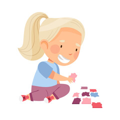 Little Blond Girl Playing Jigsaw Puzzle on the Floor Vector Illustration