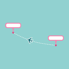 Plane track to point with dashed line way or air lines, airplane icon vector color editable
