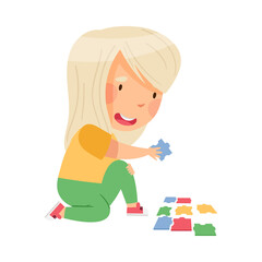 Happy Little Blond Girl Playing Jigsaw Puzzle on the Floor Vector Illustration