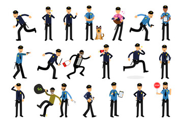 Young Men as Police Officers with Truncheon and Pistol on Duty Vector Illustration Set
