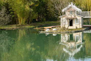 Fototapeta na wymiar Beautiful pond or Big Lake in Arboretum Park Southern Cultures. Beautiful swan house on swan island. Close-up. Bamboo is reflected in emerald water. Sirius (Adler) Sochi. Sirius (Adler) Sochi..Sochi.