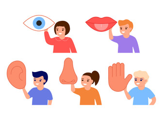 Children hold five organs senses. Kids show sensory part body eye, mouth, hear, nose, hand. Sight, taste, hearing, smell and touch. Vector illustration