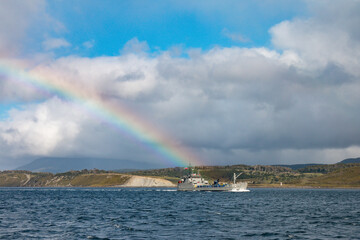 Fototapeta na wymiar rainbow, beagle channel, patagonia, most southern city in the world, fin del mundo, argentia, south america