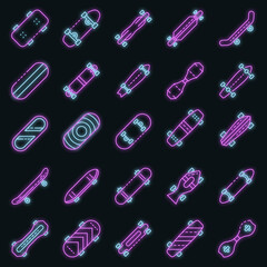 Skateboard icons set. Outline set of skateboard vector icons neon color on black