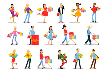 Fototapeta na wymiar Man and Woman Characters Carrying Bright Shopping Bags Vector Illustration Set