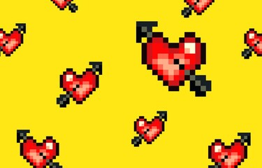 pixel heart art on yellow background.