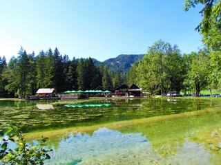 Obraz premium Stream flowing into Plansarsko jezero lake and a reflection in the lake at Jezersko, Gorenjska, Slovenia
