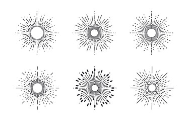 Set of Sunbursts. Vector isolated firework explosion.