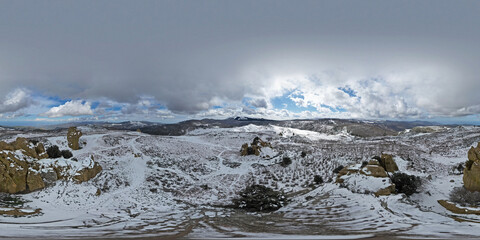 360 degree virtual reality panorama of the Argimusco megalithic complex near Montalbano Elicona in winter. Winter in the Sicilian mountains.