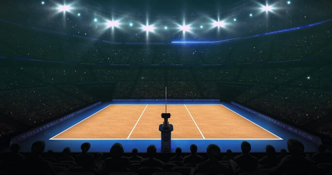 Spotlights shining above the volleyball court in side view from grandstand. Sport arena lighting up in 4k background animation.