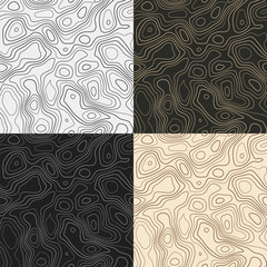 Topography patterns. Seamless elevation map tiles. Artistic isoline background. Awesome tileable patterns. Vector illustration.