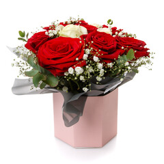 Floristic arrangement of white and red roses on a white background.