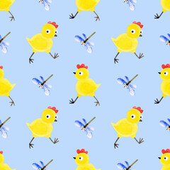 Seamless pattern of yellow chickens and dragonflies. Hand-drawn watercolor illustrations with birds on a light blue background. For textiles, prints, packaging, wallpaper, children's design, Easter.