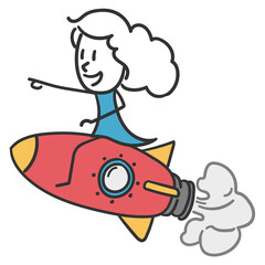 Stick girl on rocket. Concept of leader girl pointing the way to success