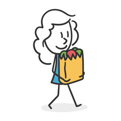 Stick girl with purchase. Concept of healthy girl carrying fruit