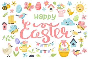 Happy easter lettering with cute eggs, birds, bees, butterflies. Cute hand drawn vector illustration, card template