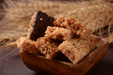 Various healthy granola bars (muesli or cereal bars). Set of energy, sport, breakfast and protein bars. Puffed rice, berries, chocolate, oatmeal, almond and honey cereal bars.