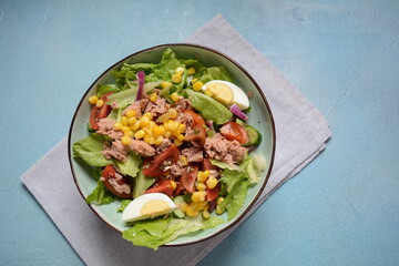 Tuna Fish Salad with Lettuce, Cherry Tomatoes, Cucumber, boiled eggs, onions and Corn