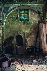 nterior of an abandoned village in Italy, church and objects